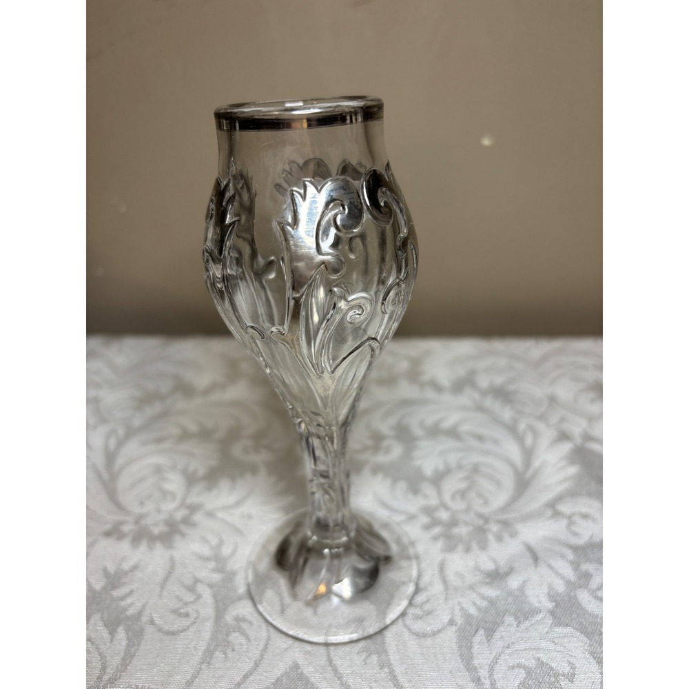 Vintage Silver Overlay Glass Bud Vase Footed Floral Scroll Clear Glass 6.5 inch